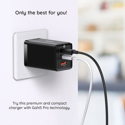 Baseus GaN5 Pro Network Charger with USB-C Cable, 65W, 3.25A, 1 x USB-A - 2 x USB-C, Black C0206500