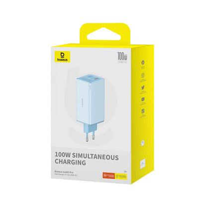 Baseus GaN6 Pro Network Charger with USB-C Cable, 100W, 3.25A, 2 x USB-A - 2 x USB-C, Blue P10162705312-00