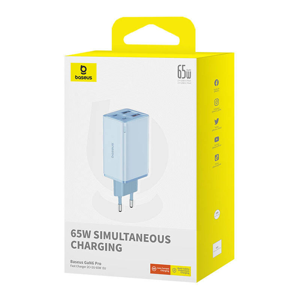 Baseus GaN6 Pro USB-C Network Charger with Cable, 65W, 3.25A, 2 x USB-A - 2 x USB-C, Blue E0121D00