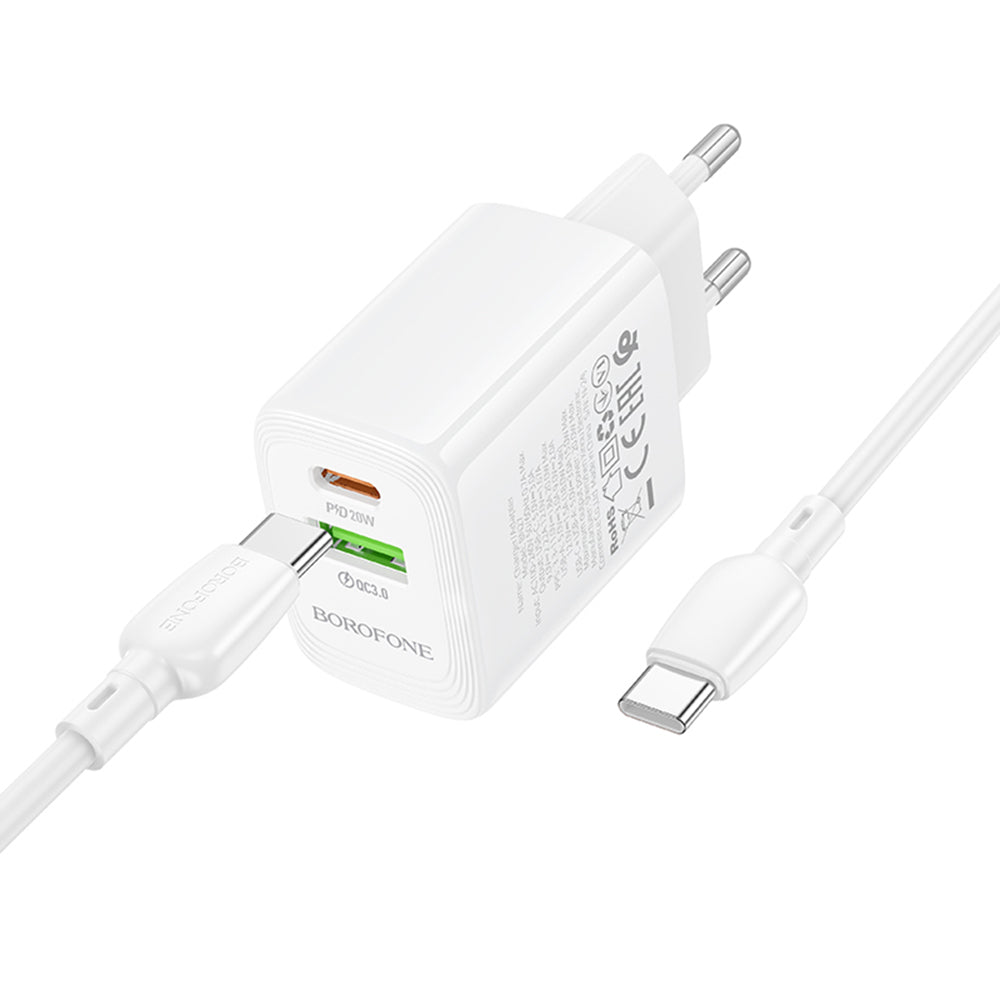 Netwerkoplader met USB-C Kabel Borofone BN27 Fuente, 20W, 3A, 1 x USB-A - 1 x USB-C, Wit
