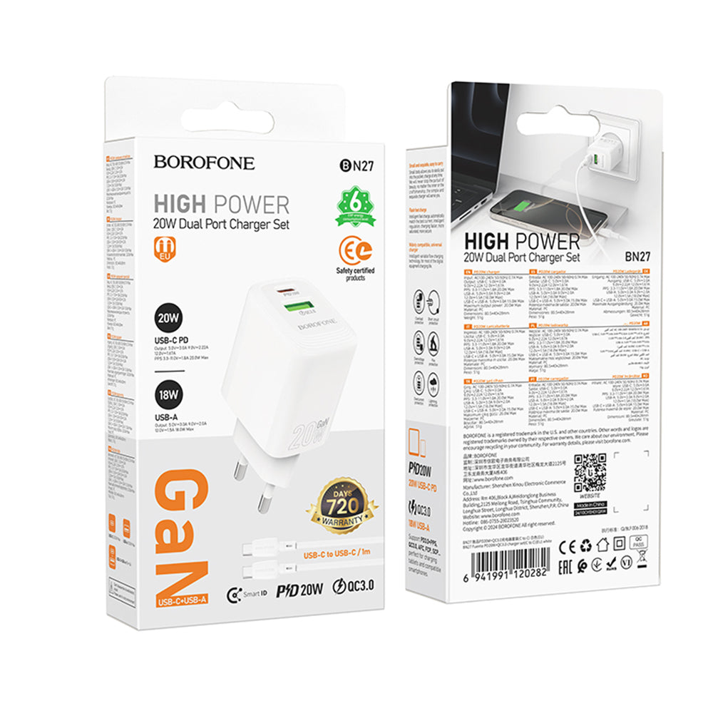 Netwerkoplader met USB-C Kabel Borofone BN27 Fuente, 20W, 3A, 1 x USB-A - 1 x USB-C, Wit