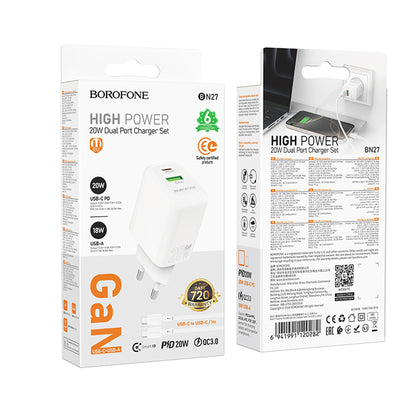 Netwerkoplader met USB-C Kabel Borofone BN27 Fuente, 20W, 3A, 1 x USB-A - 1 x USB-C, Wit