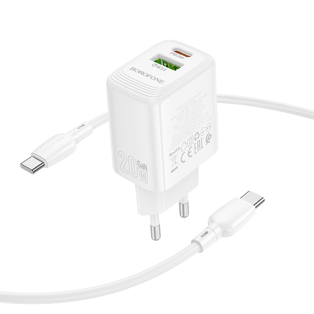 Netwerkoplader met USB-C Kabel Borofone BN27 Fuente, 20W, 3A, 1 x USB-A - 1 x USB-C, Wit