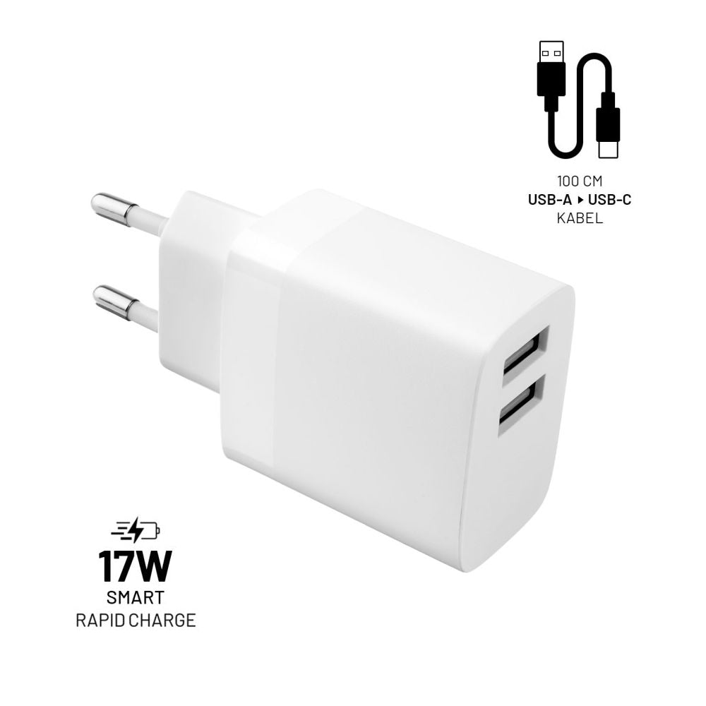 Netwerkoplader met USB-C kabel Fixed, 17W, 3A, 2 x USB-A, Wit