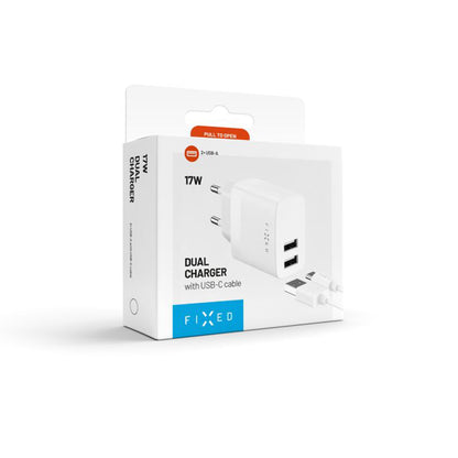 Netwerkoplader met USB-C kabel Fixed, 17W, 3A, 2 x USB-A, Wit