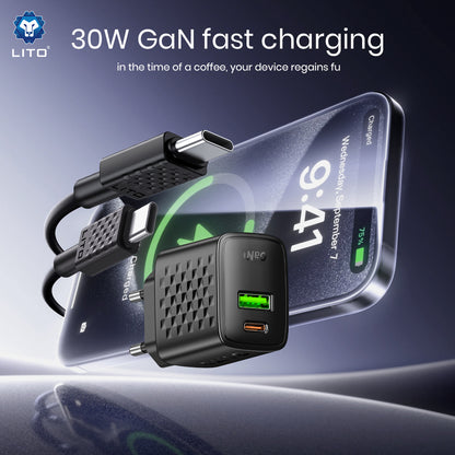 Network Charger with USB-C Cable Lito LC19T, 30W, 3A, 1 x USB-A - 1 x USB-C, Black
