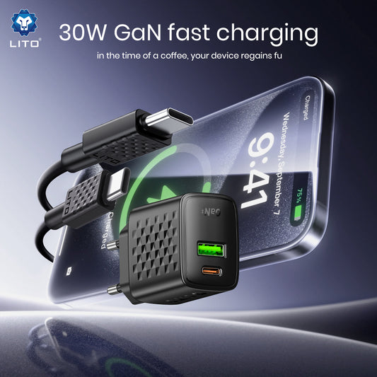 Netwerkoplader met USB-C Kabel Lito LC19T, 30W, 3A, 1 x USB-A - 1 x USB-C, Zwart