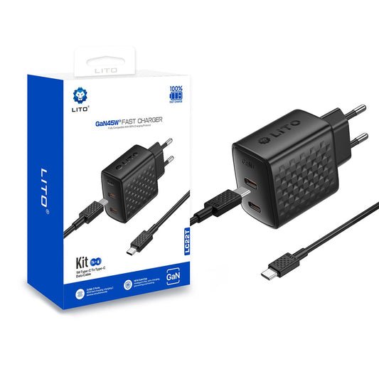 Netwerkoplader met USB-C Kabel Lito LC22T, 45W, 3A, 2 x USB-C, Zwart