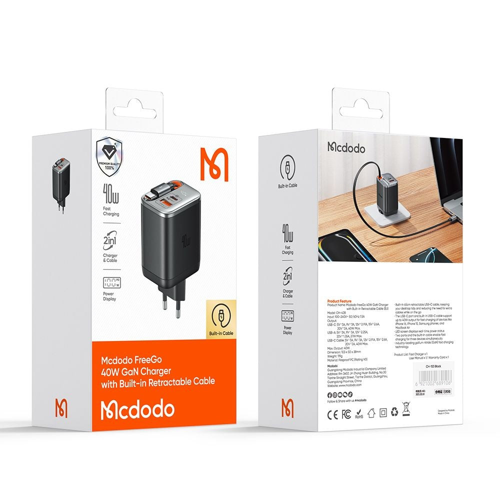 McDodo CH-4281 FreeGo Display Network Charger with USB-C Cable, 40W, 3A, 1 x USB-A - 1 x USB-C, Black