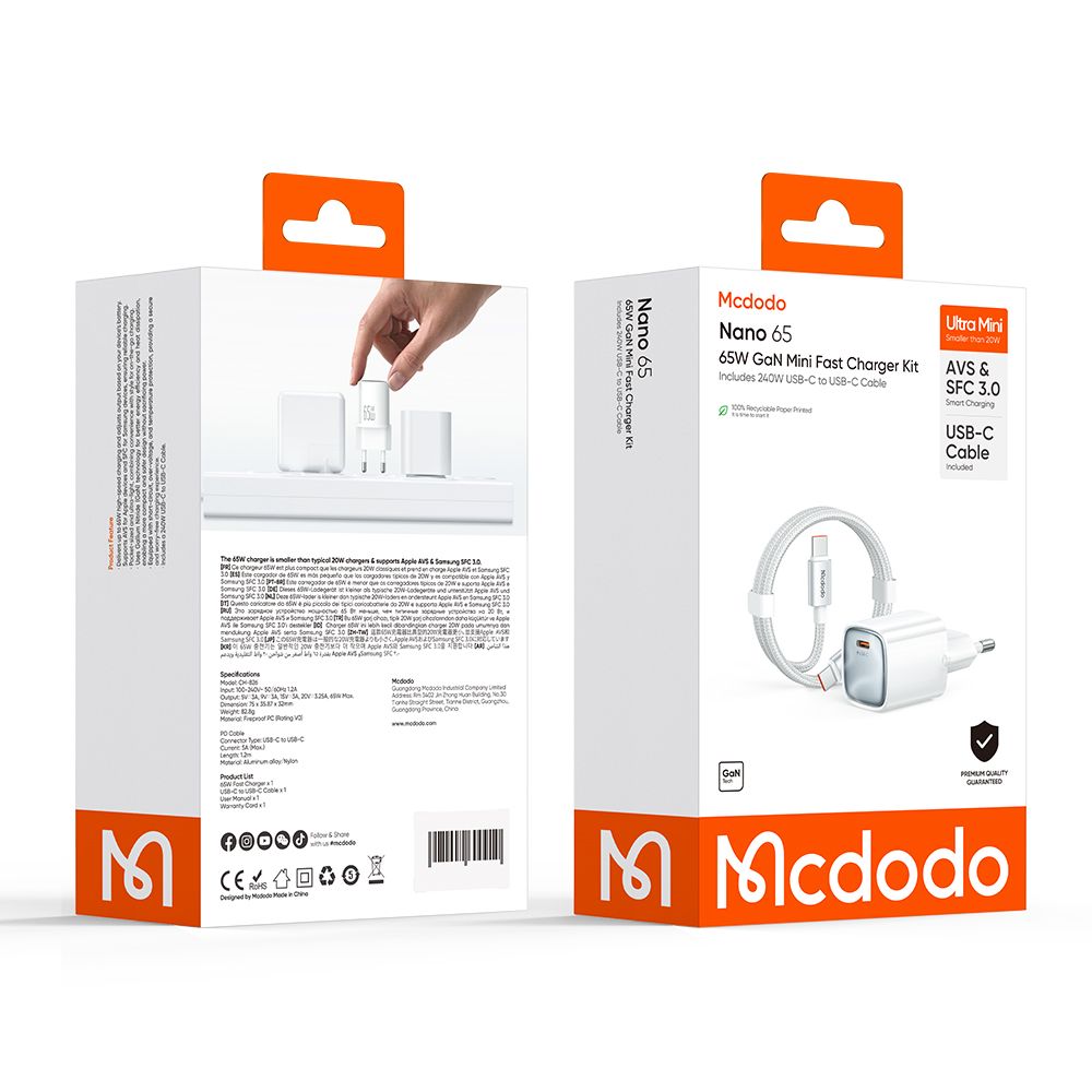 Netlader met USB-C-kabel Mcdodo Nano CH-8263, 65W, 3,25A, 1 x USB-C, Wit
