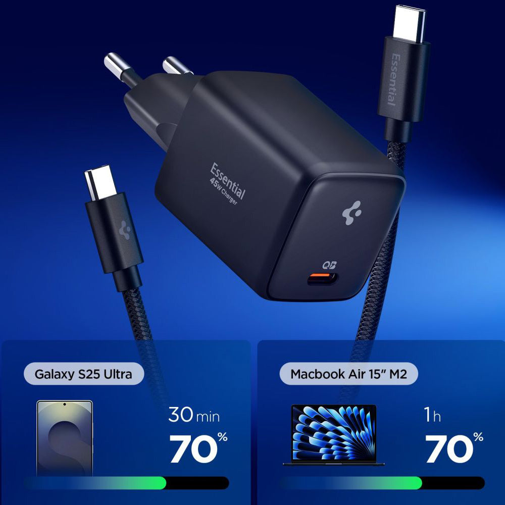 Spigen EE451EU Essential Network Charger with USB-C Cable, 45W, 3A, 1 x USB-C, Black ACH09474