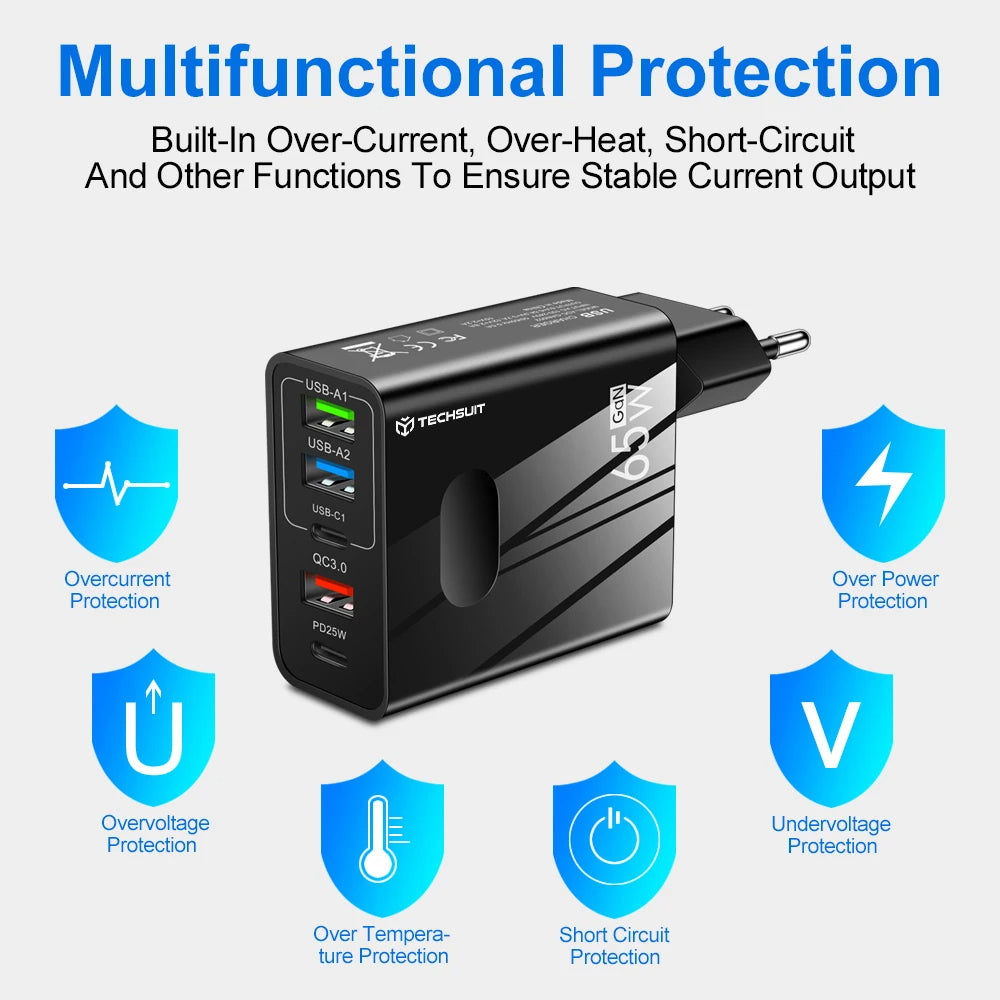 Netwerkoplader met USB-C kabel Techsuit CHC1 PentaXPower, 25W, 3A, 3 x USB-A - 2 x USB-C, Wit