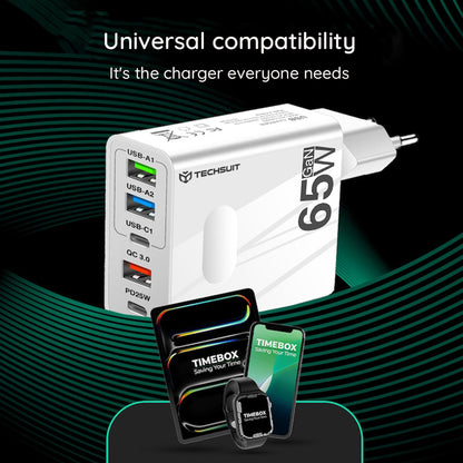 Netwerkoplader met USB-C Kabel Techsuit CHC1 PentaXPower, 25W, 3A, 3 x USB-A - 2 x USB-C, Zwart