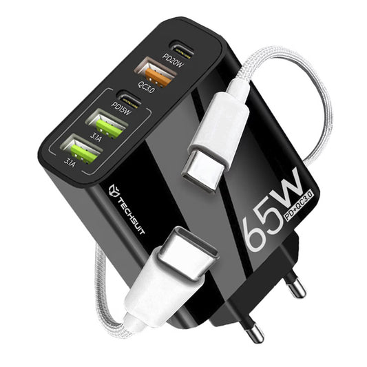 Netwerkoplader met USB-C kabel Techsuit CHC2 PentaXPower, 20W, 3A, 3 x USB-A - 2 x USB-C, Zwart