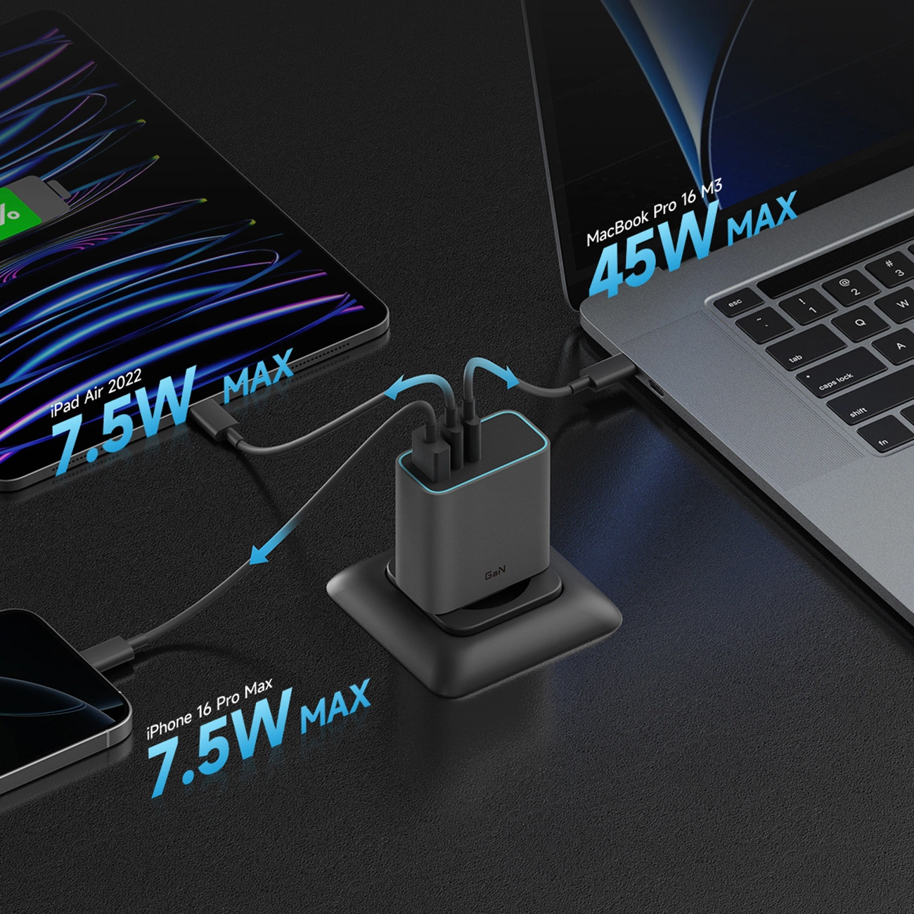 Cuktech Netwerkoplader, 65W, 3A, 1 x USB-A - 2 x USB-C, Grijs CUKAD653EUGR