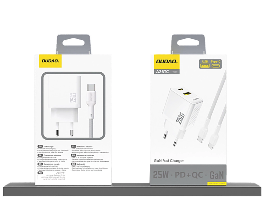 Dudao A26T Netwerkoplader, 25W, 3A, 1 x USB-A - 1 x USB-C, Wit