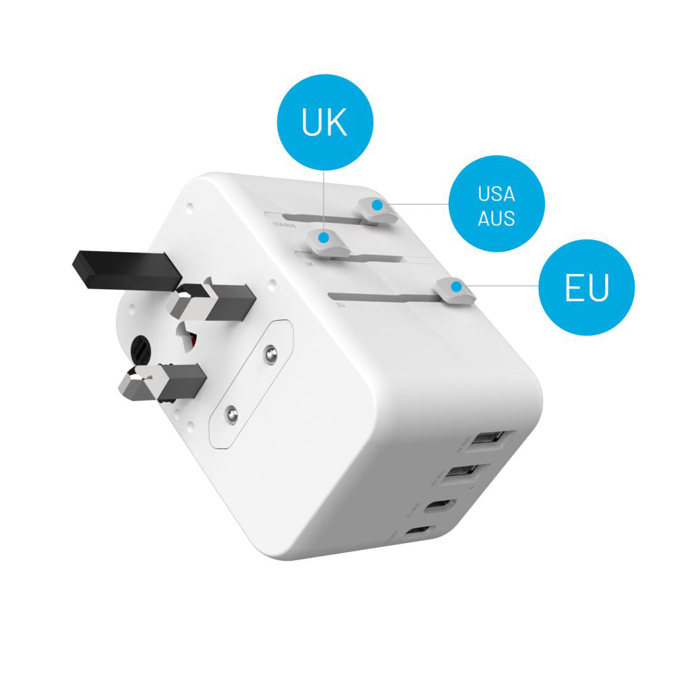 Netwerkoplader Fixed Travel, 65W, 3.25A, 2 x USB-A - 3 x USB-C, Wit