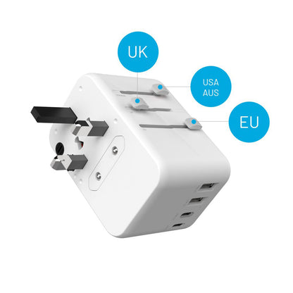 Netwerkoplader Fixed Travel, 65W, 3.25A, 2 x USB-A - 3 x USB-C, Wit