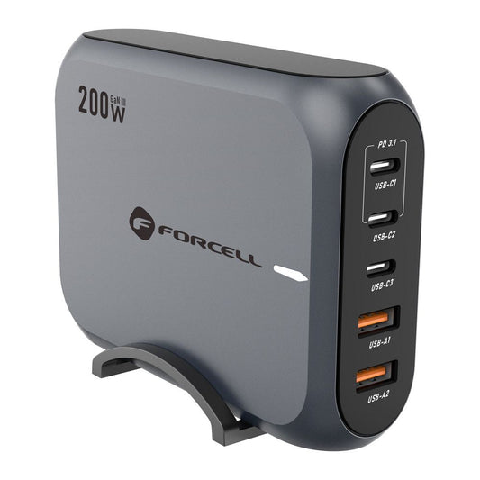 Netwerklader Forcell F-ENERGY GaN III VT-51, 200W, 5A, 2 x USB-A - 3 x USB-C, Grijs 