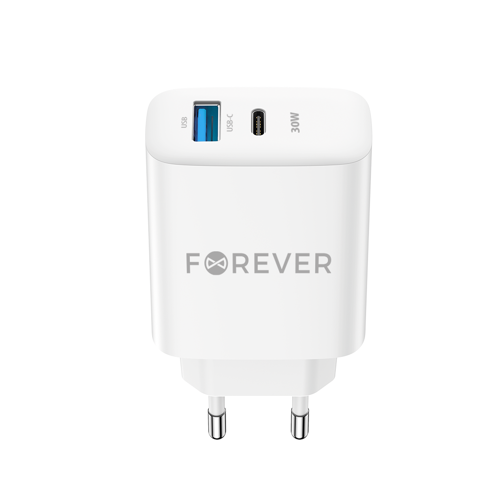 Forever Netwerkoplader TC-07-30AC, 30W, 3A, 1 x USB-A - 1 x USB-C, Wit