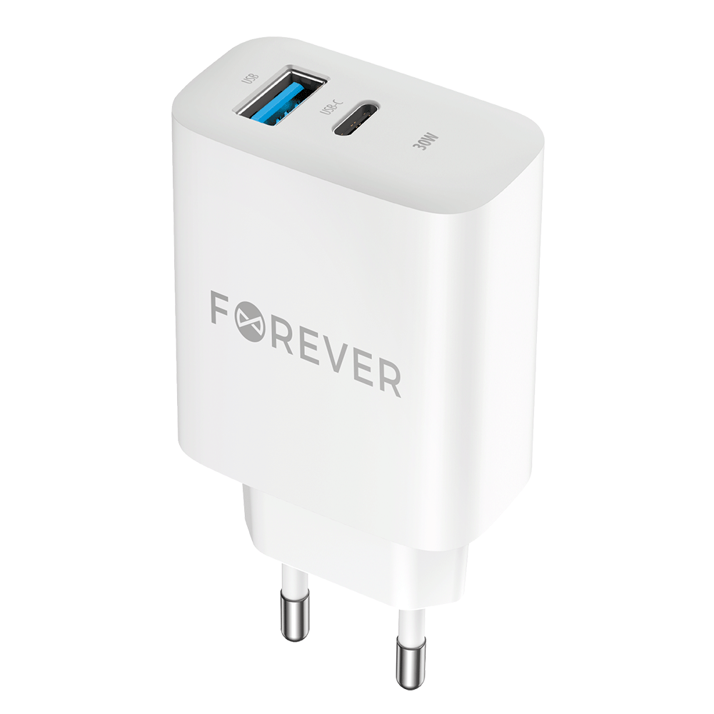 Forever Netwerkoplader TC-07-30AC, 30W, 3A, 1 x USB-A - 1 x USB-C, Wit