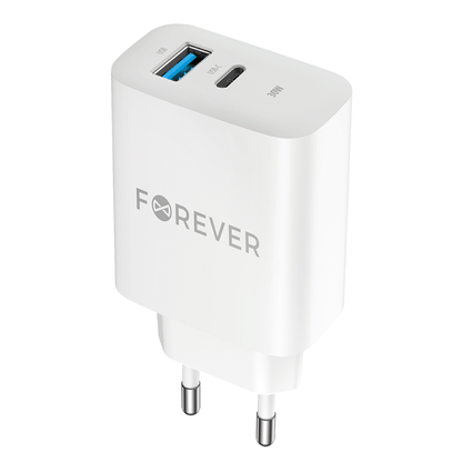 Forever Netwerkoplader TC-07-30AC, 30W, 3A, 1 x USB-A - 1 x USB-C, Wit