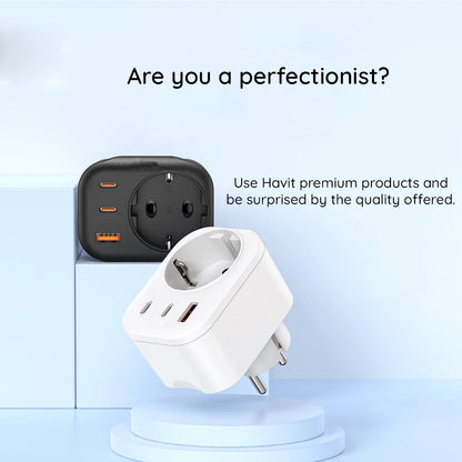 Netwerkoplader HAVIT UC142, 30W, 3A, 1 x USB-A - 2 x USB-C - 1 x Schuko, Zwart