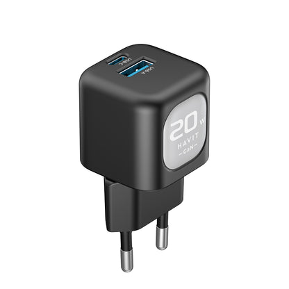 HAVIT UC220 Network Charger, 20W, 3A, 1 x USB-A - 1 x USB-C, Black Grey