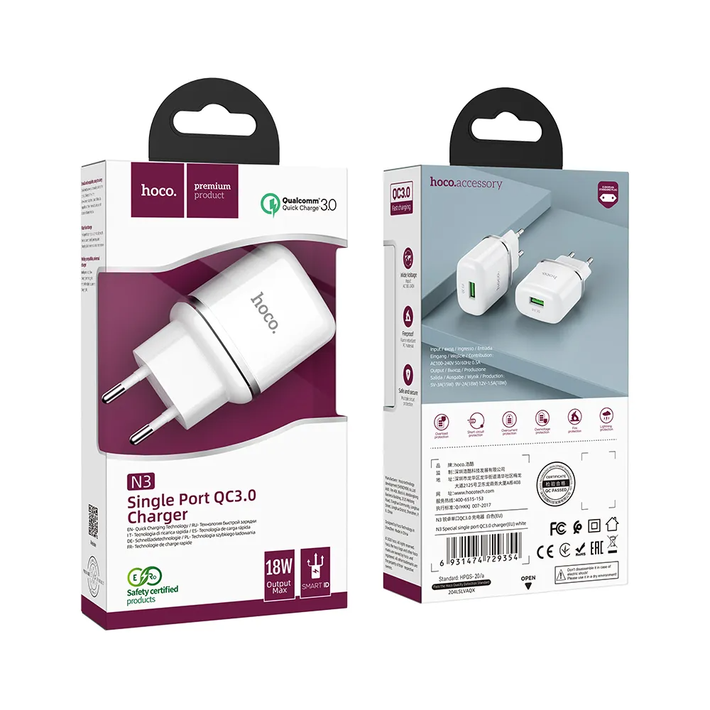 HOCO N3 Netlader, 18W, 3A, 1 x USB-A, Wit