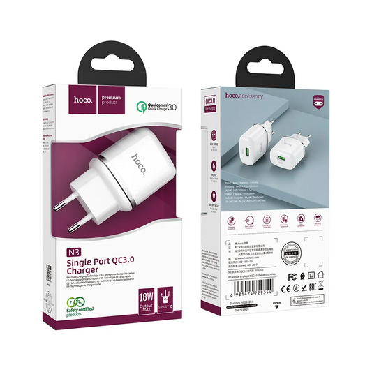 HOCO N3 Netlader, 18W, 3A, 1 x USB-A, Wit