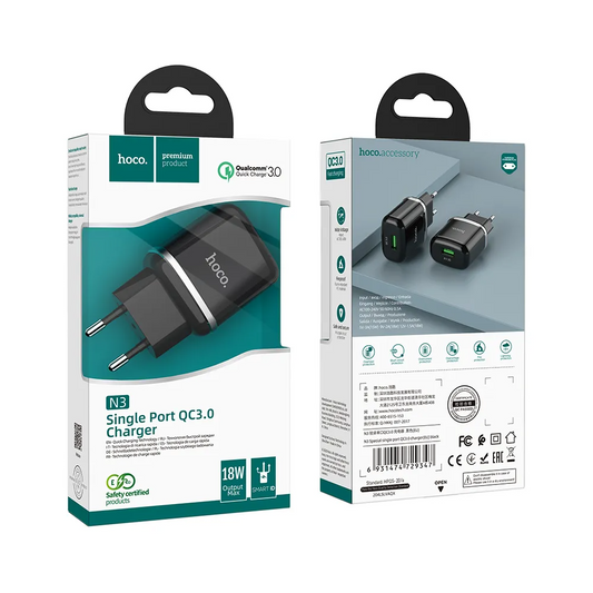 HOCO N3 Netlader, 18W, 3A, 1 x USB-A, Zwart