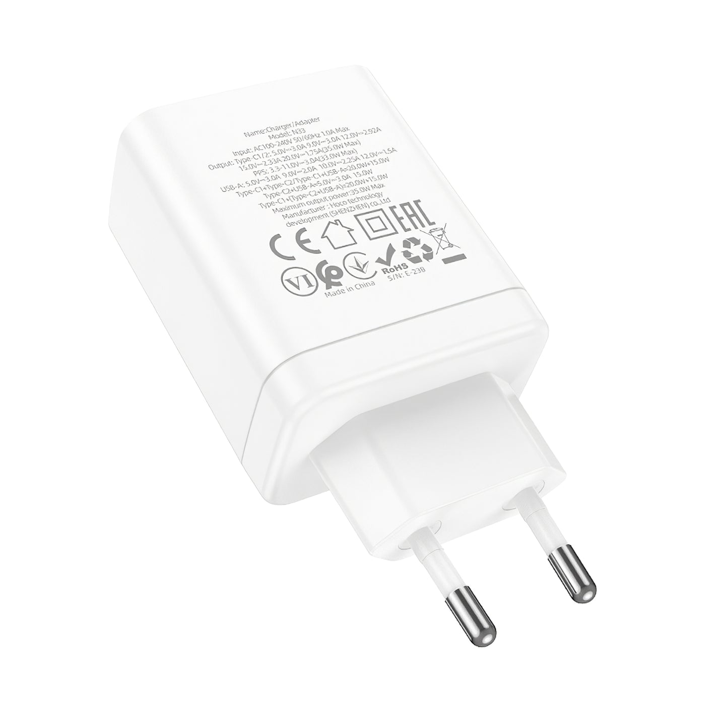 HOCO N33 Power Adapter, 35W, 3A, 1 x USB-A - 2 x USB-C, White