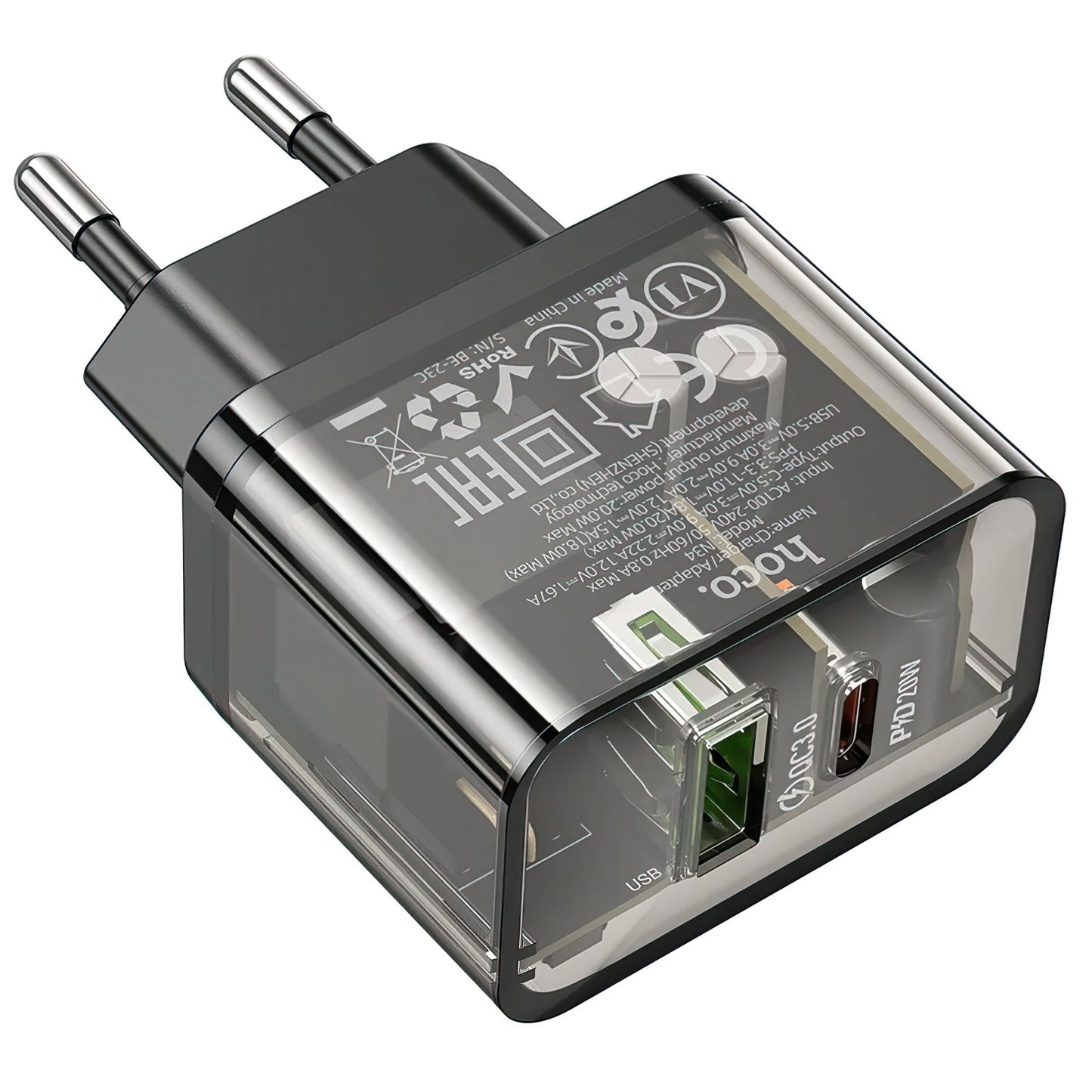 Netwerkoplader HOCO N34, 20W, 3A, 1 x USB-A - 1 x USB-C, Transparant