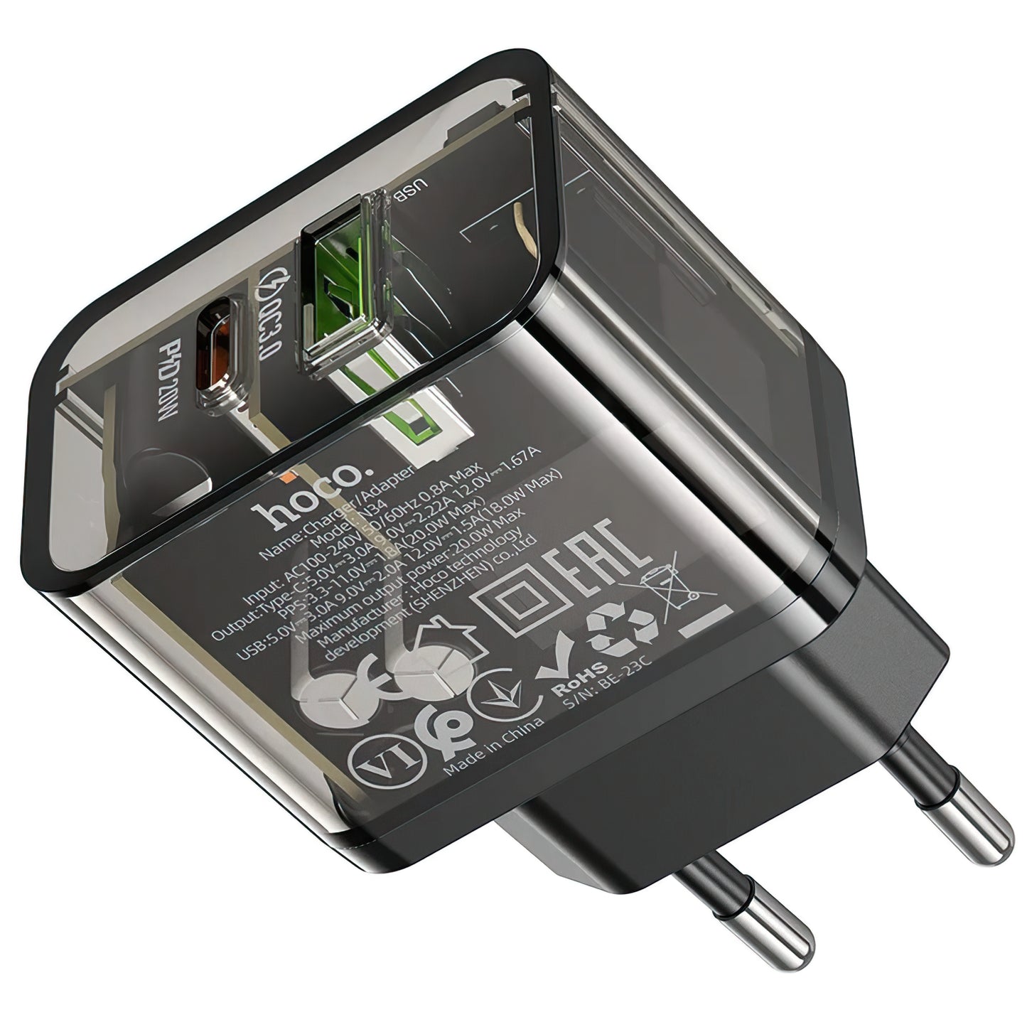 Netwerkoplader HOCO N34, 20W, 3A, 1 x USB-A - 1 x USB-C, Transparant