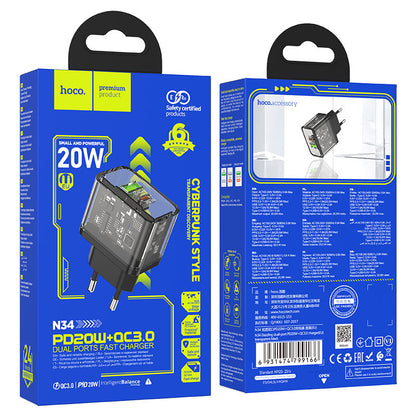 Netwerkoplader HOCO N34, 20W, 3A, 1 x USB-A - 1 x USB-C, Transparant