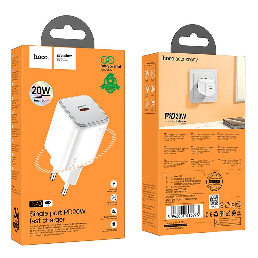 Netwerkoplader HOCO N40, 20W, 3A, 1 x USB-C, Wit