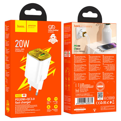 Netwerkoplader HOCO N52, 20W, 3A, 1 x USB-A - 1 x USB-C, Wit