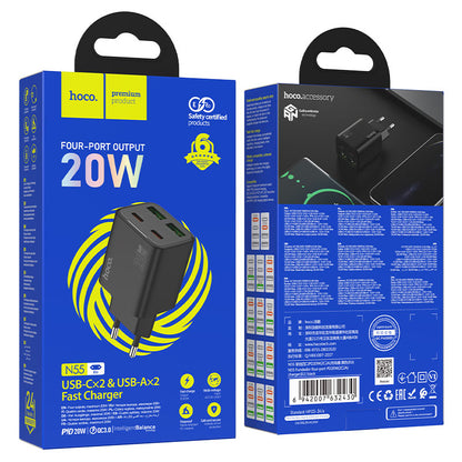 Netwerkoplader HOCO N55, 20W, 3A, 2 x USB-A - 2 x USB-C, Zwart