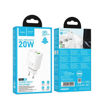 HOCO N61 Netwerkoplader, 20W, 3A, 1 x USB-A - 1 x USB-C, Wit