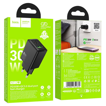 Netwerkoplader HOCO N71, 30W, 3A, 1 x USB-A - 1 x USB-C, Zwart