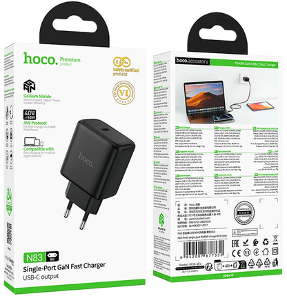 HOCO N83 Netlader, 40W, 3A, 1 x USB-C, Zwart