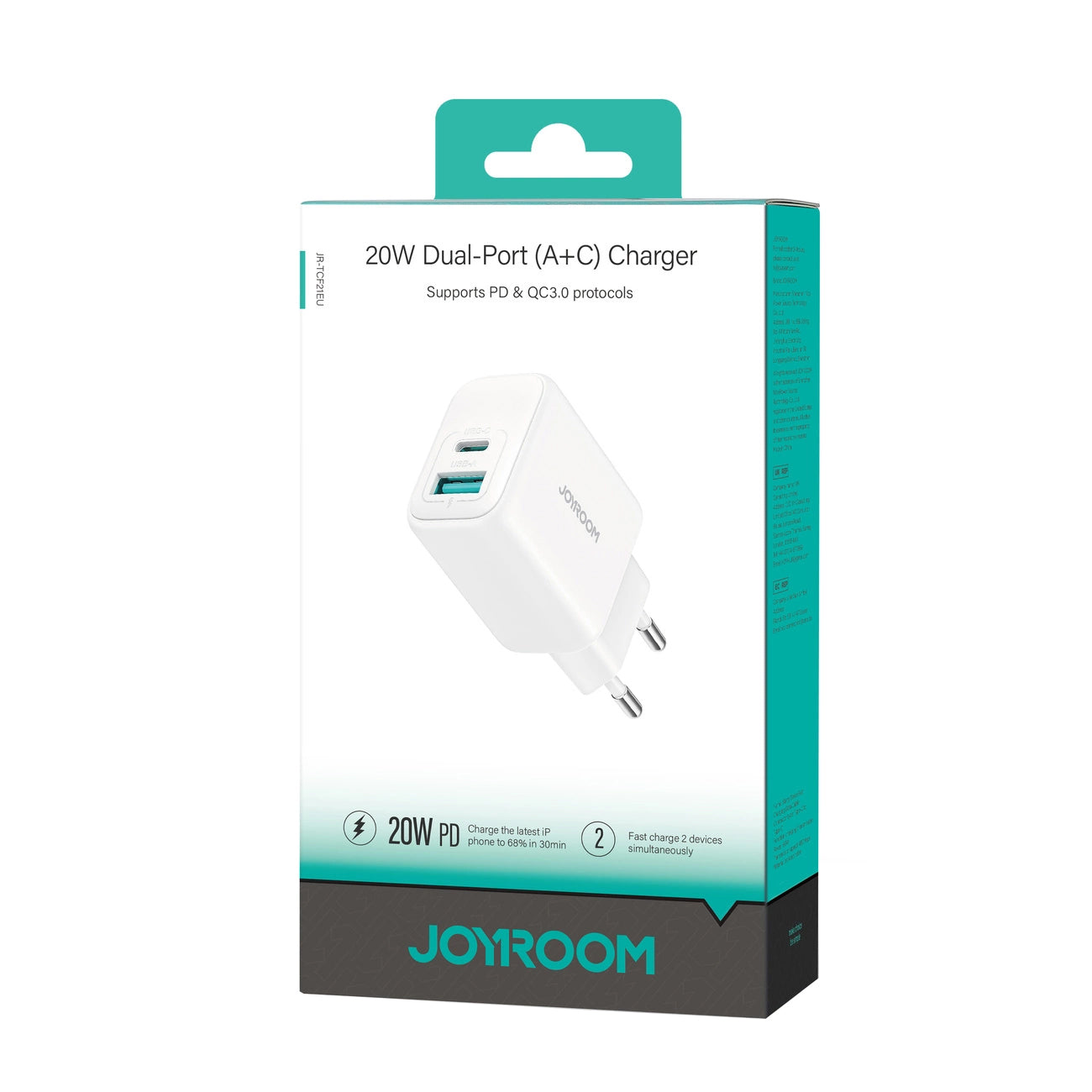 Netwerkoplader Joyroom JR-TCF21, 20W, 3A, 1 x USB-A - 1 x USB-C, Wit