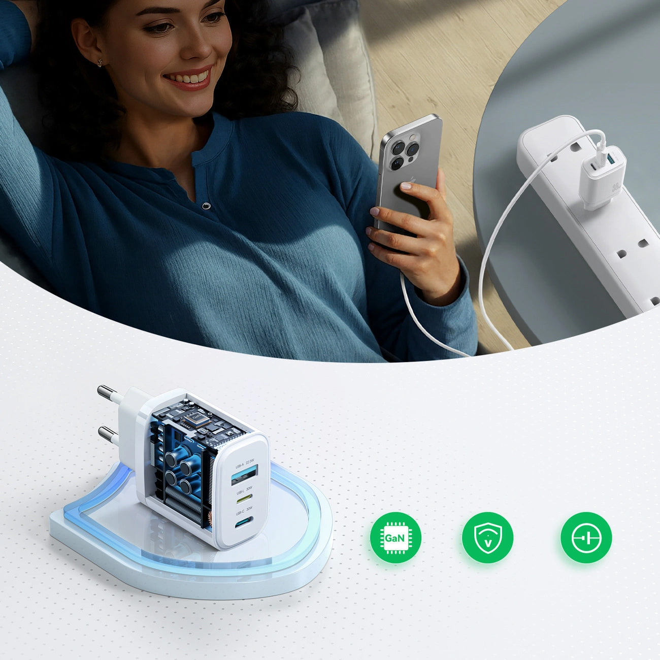 Joyroom JR-TG6 Netlader, 30W, 3A, 1 x Lightning - 1 x USB-A - 1 x USB-C, Wit