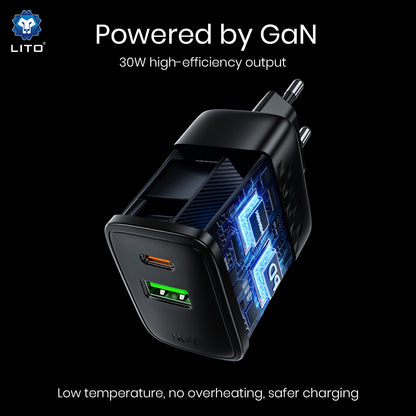 Lito LC19 Netwerkoplader, 30W, 3A, 1 x USB-A - 1 x USB-C, Zwart