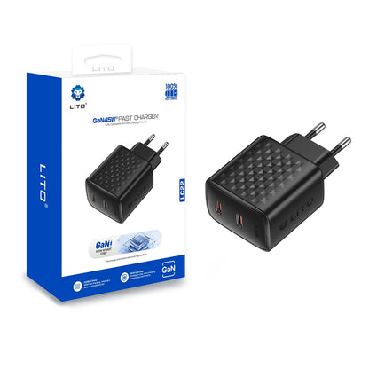 Netwerkoplader Lito LC22, 45W, 3A, 2 x USB-C, Zwart