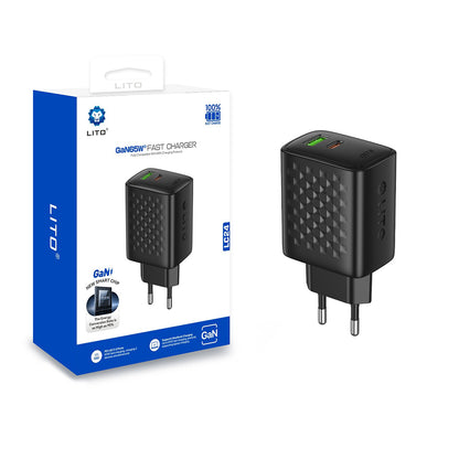 Lito LC24 Netwerkoplader, 65W, 3.25A, 1 x USB-A - 1 x USB-C, Zwart