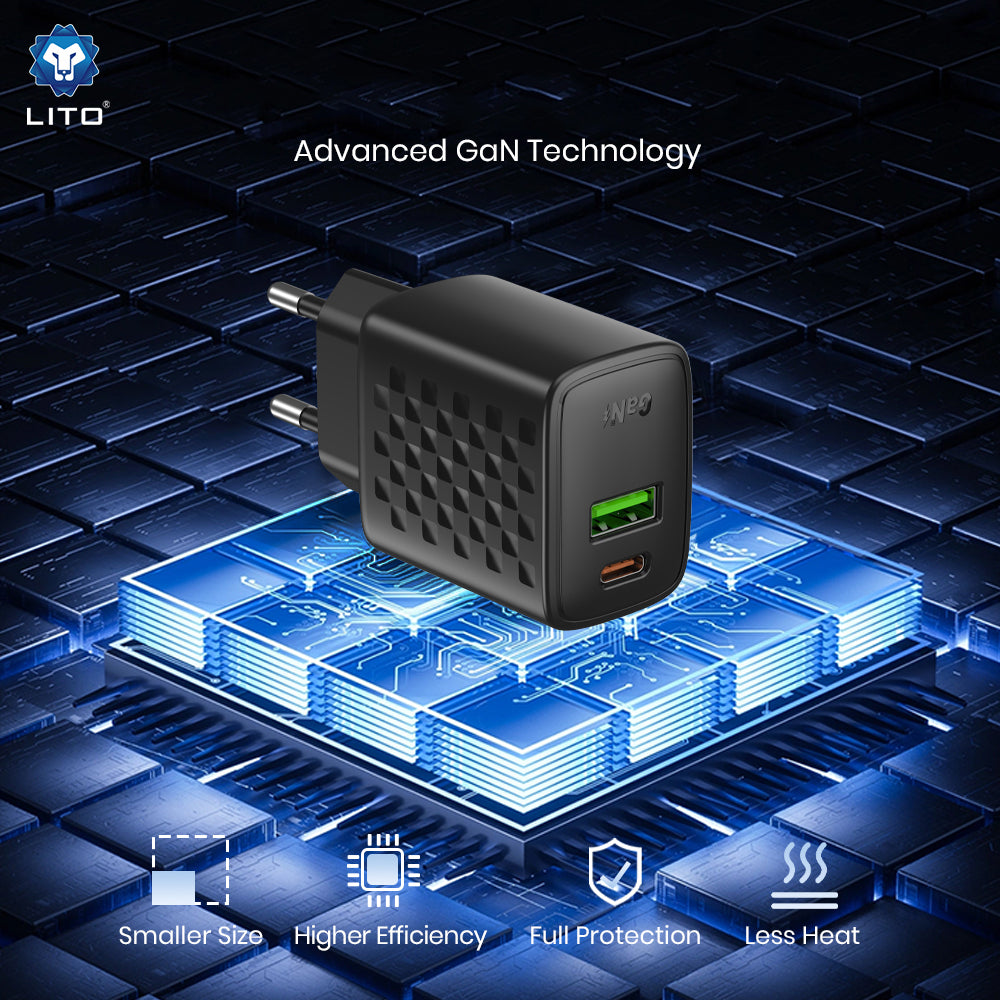 Lito LC24 Netwerkoplader, 65W, 3.25A, 1 x USB-A - 1 x USB-C, Zwart