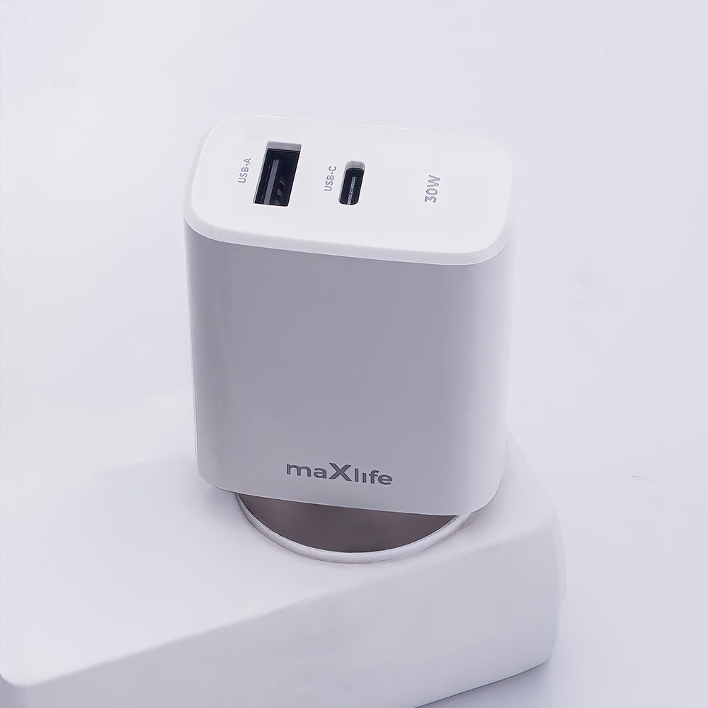 MaXlife MXTC-10-30AC Power Adapter, 30W, 3A, 1 x USB-A - 1 x USB-C, White