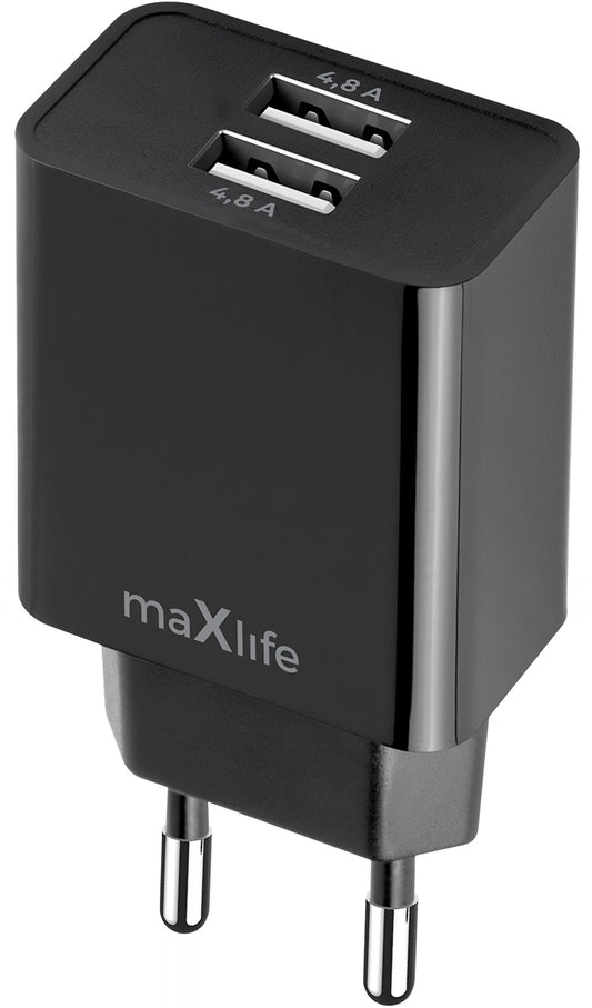 Netwerkoplader MaXlife MXTC-12, 24W, 2.4A, 2 x USB-A, Zwart
