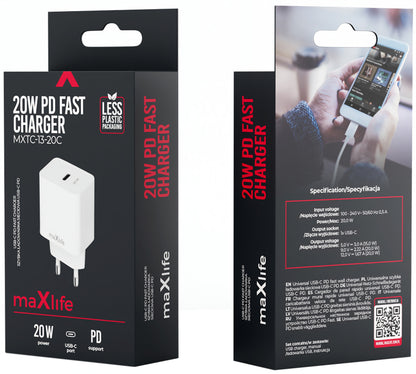 Netwerkoplader MaXlife MXTC-13-20C, 20W, 3A, 1 x USB-C, Wit